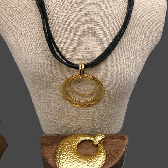 Joan Rivers Leather Cord Necklace with 2 Medallion Pendants, Hammered Gold Rings - Picture 2 of 9